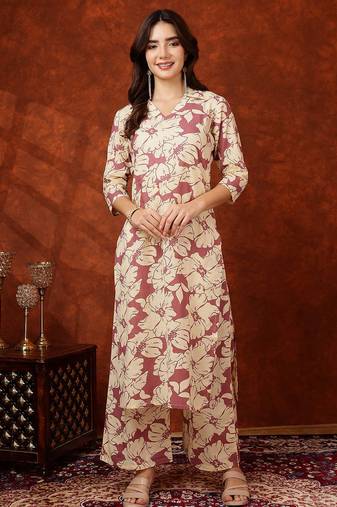 Pink cotton floral print ethnic kurta palazzo set