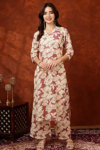 Pink cotton floral print ethnic kurta palazzo set