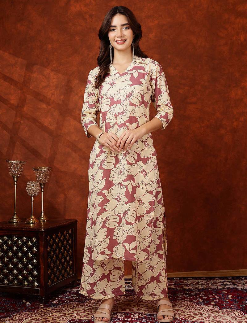 Pink cotton floral print ethnic kurta palazzo set