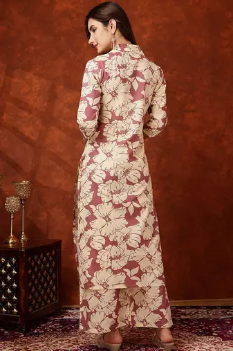 Pink cotton floral print ethnic kurta palazzo set
