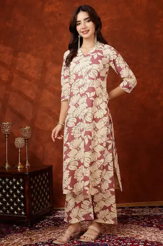 Pink cotton floral print ethnic kurta palazzo set