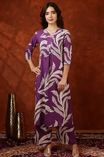 Purple rayon dots print ethnic kurta palazzo set