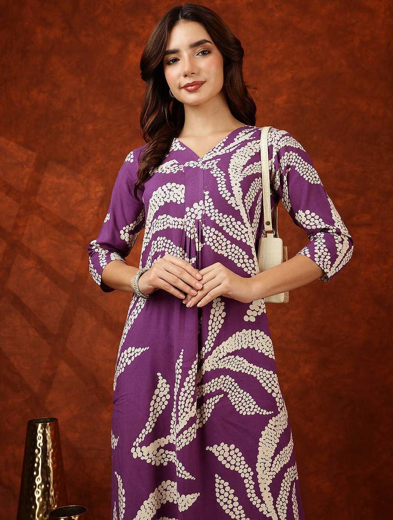 Purple rayon dots print ethnic kurta palazzo set