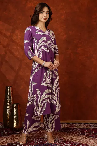 Purple rayon dots print ethnic kurta palazzo set