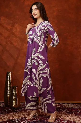 Purple rayon dots print ethnic kurta palazzo set