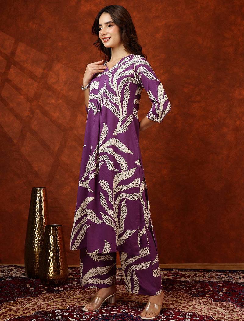 Purple rayon dots print ethnic kurta palazzo set