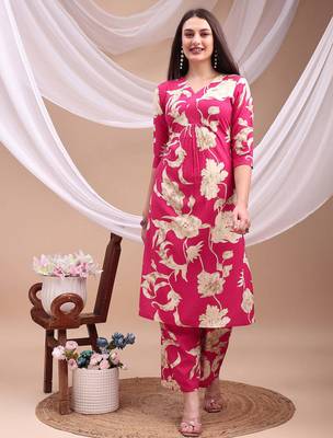 Pink rayon floral print ethnic kurta palazzo set 1