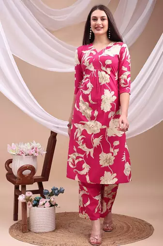 Pink rayon floral print ethnic kurta palazzo set
