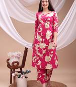 Pink rayon floral print ethnic kurta palazzo set