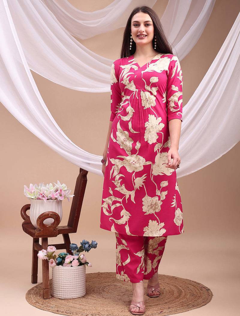 Pink rayon floral print ethnic kurta palazzo set