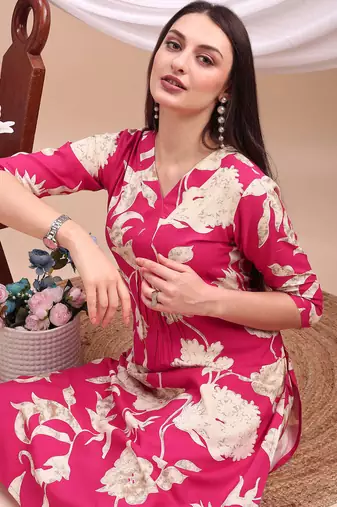 Pink rayon floral print ethnic kurta palazzo set