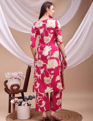 Pink rayon floral print ethnic kurta palazzo set 3