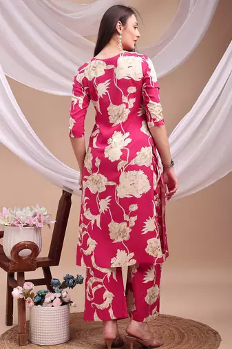 Pink rayon floral print ethnic kurta palazzo set
