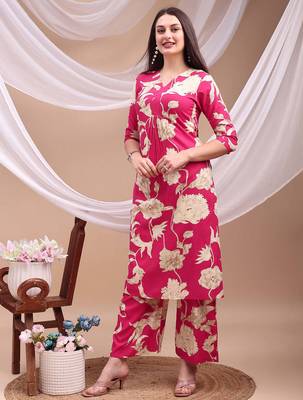 Pink rayon floral print ethnic kurta palazzo set 4