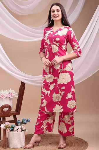 Pink rayon floral print ethnic kurta palazzo set