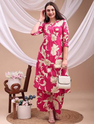Pink rayon floral print ethnic kurta palazzo set 5