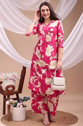Pink rayon floral print ethnic kurta palazzo set