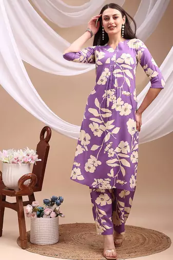 Lavender rayon floral print ethnic kurta palazzo set