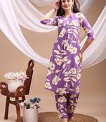Lavender rayon floral print ethnic kurta palazzo set