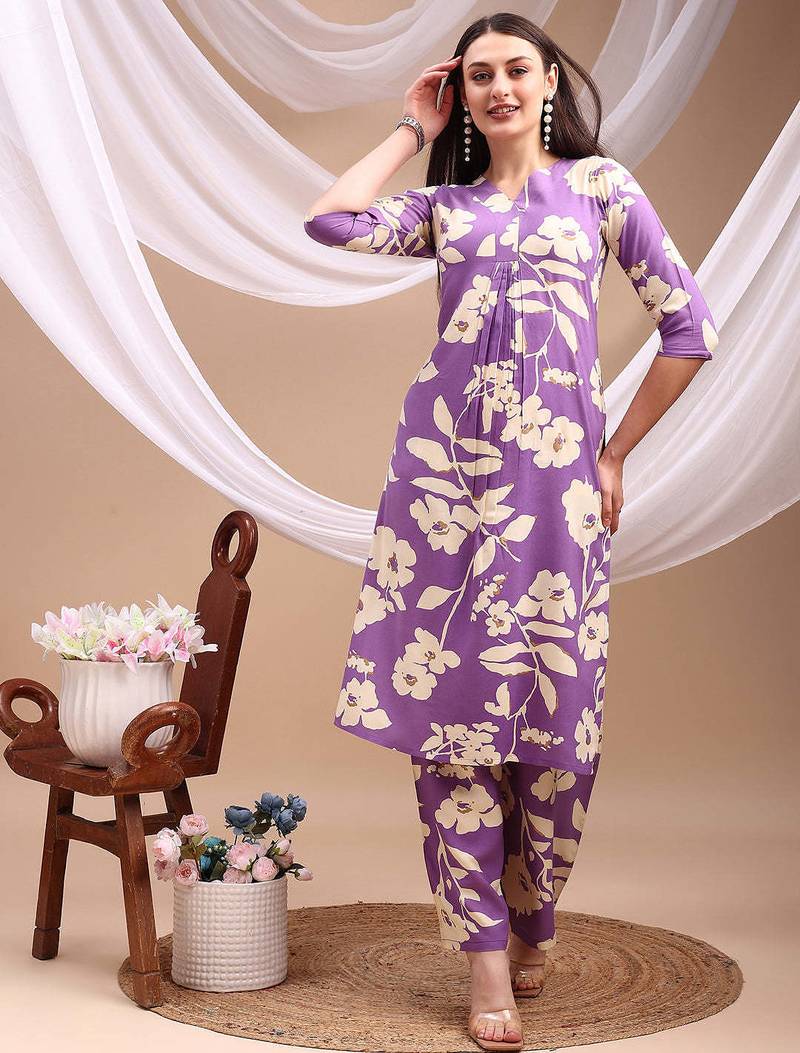 Lavender rayon floral print ethnic kurta palazzo set