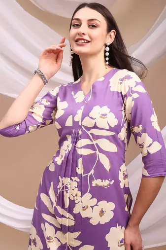 Lavender rayon floral print ethnic kurta palazzo set