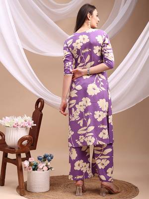 Lavender rayon floral print ethnic kurta palazzo set 3
