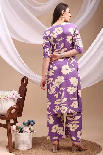 Lavender rayon floral print ethnic kurta palazzo set