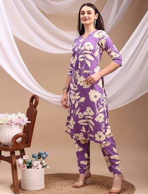 Lavender rayon floral print ethnic kurta palazzo set 4