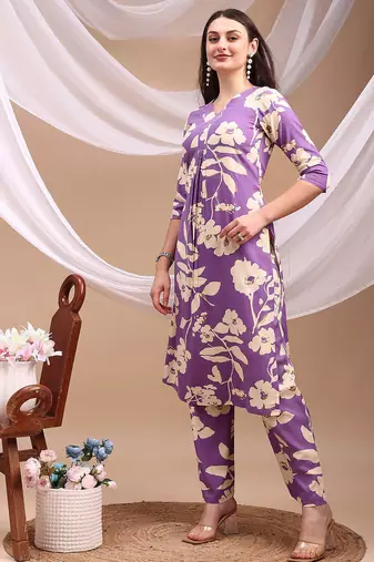 Lavender rayon floral print ethnic kurta palazzo set