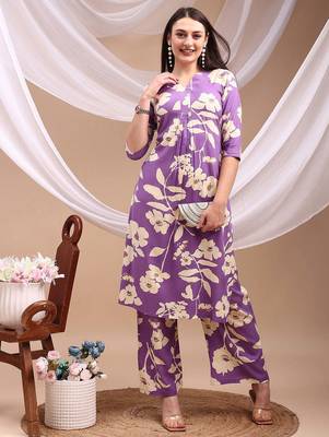 Lavender rayon floral print ethnic kurta palazzo set 5