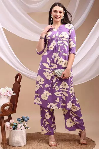 Lavender rayon floral print ethnic kurta palazzo set