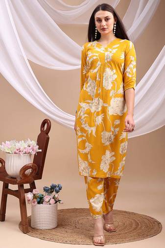 Yellow rayon floral print ethnic kurta palazzo set