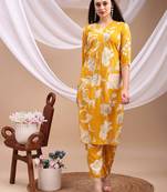 Yellow rayon floral print ethnic kurta palazzo set