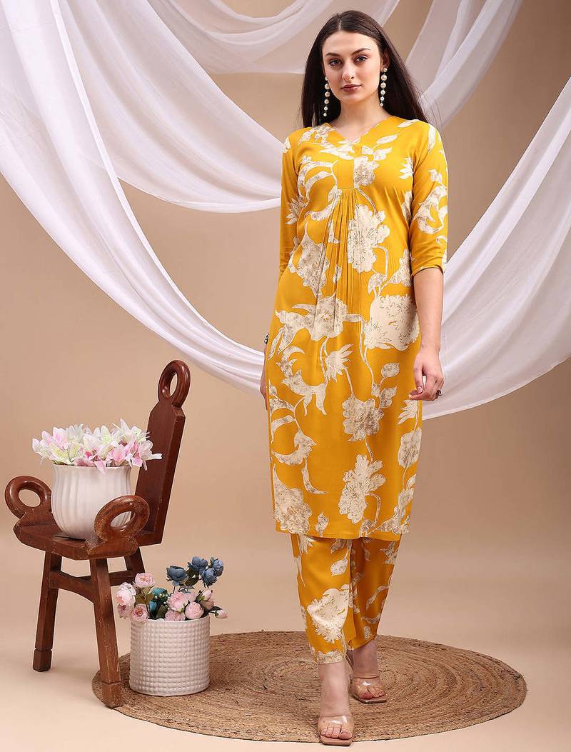 Yellow rayon floral print ethnic kurta palazzo set