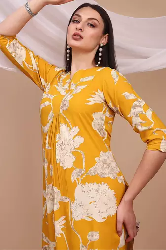 Yellow rayon floral print ethnic kurta palazzo set