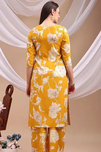 Yellow rayon floral print ethnic kurta palazzo set