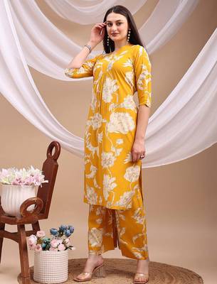 Yellow rayon floral print ethnic kurta palazzo set 4