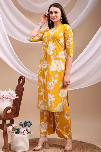 Yellow rayon floral print ethnic kurta palazzo set