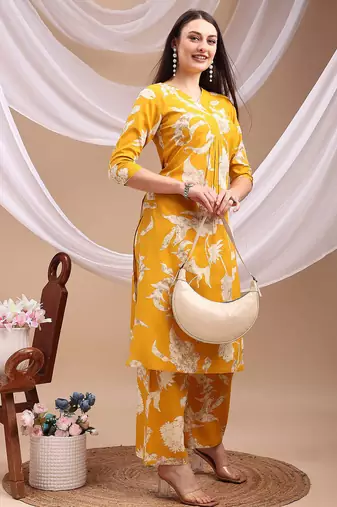 Yellow rayon floral print ethnic kurta palazzo set