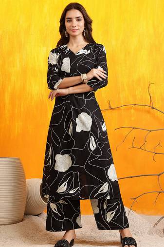 Black cotton floral print ethnic kurta palazzo set