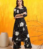 Black cotton floral print ethnic kurta palazzo set