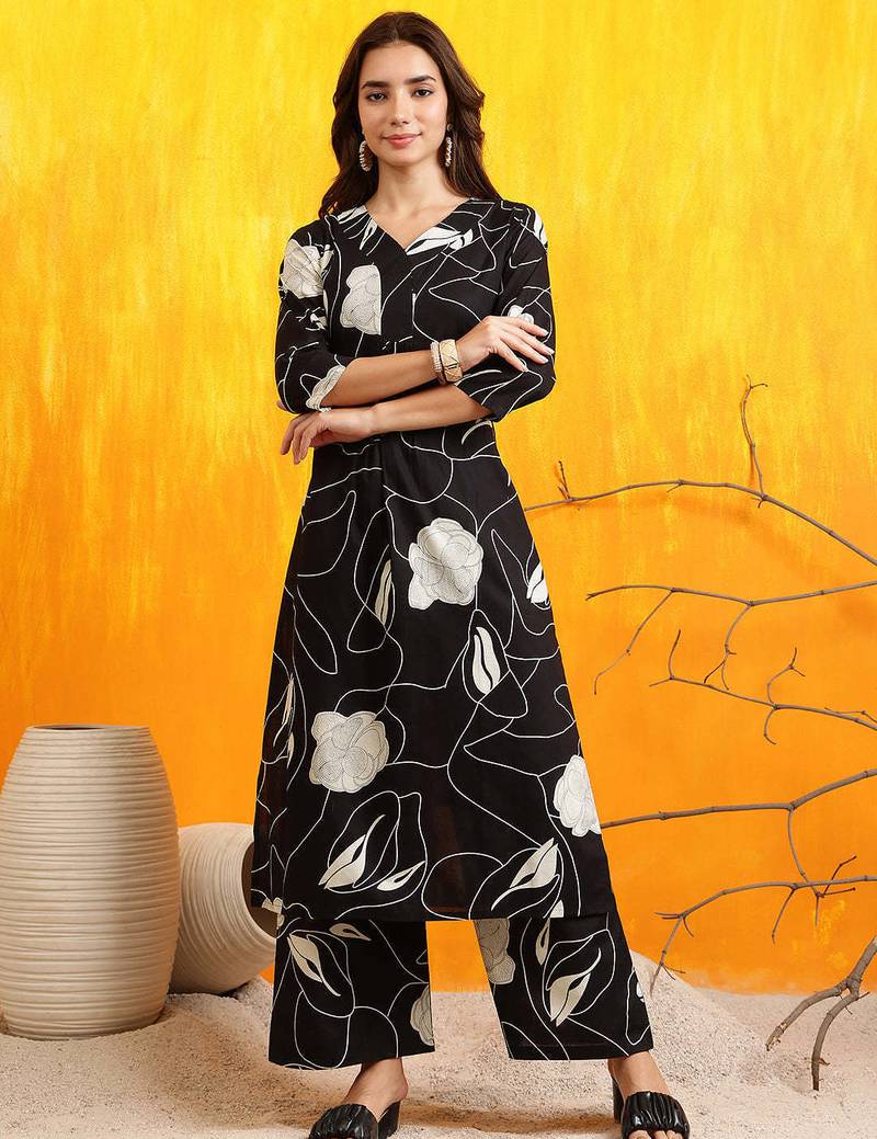 Black cotton floral print ethnic kurta palazzo set