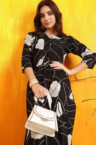 Black cotton floral print ethnic kurta palazzo set