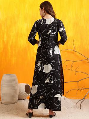 Black cotton floral print ethnic kurta palazzo set 3
