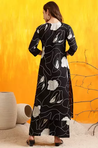 Black cotton floral print ethnic kurta palazzo set