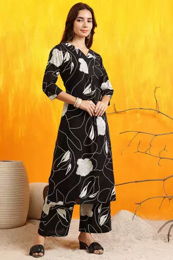Black cotton floral print ethnic kurta palazzo set