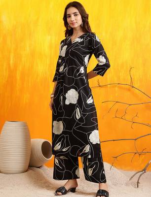 Black cotton floral print ethnic kurta palazzo set 5