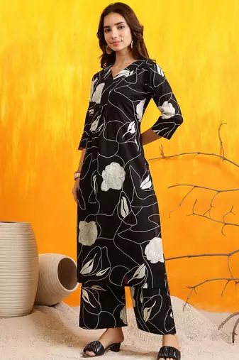 Black cotton floral print ethnic kurta palazzo set