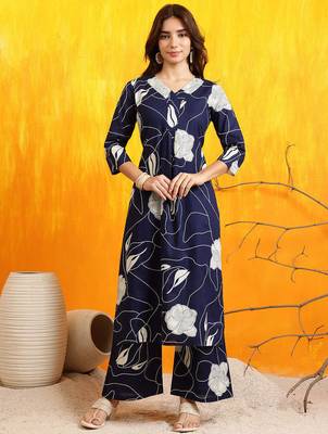 Navy-blue cotton floral print ethnic kurta palazzo set 1