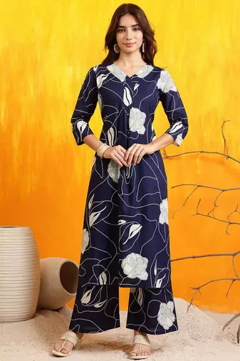 Navy-blue cotton floral print ethnic kurta palazzo set